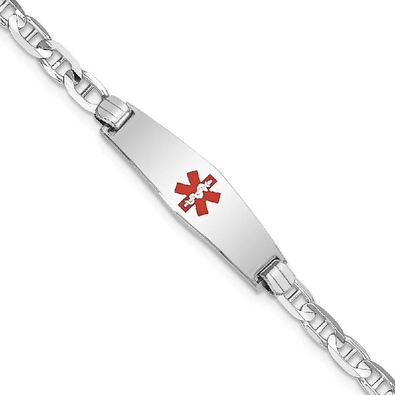 Smooth form bangles-14k White Gold 3.5mm Medical Soft Diamond Shape Red Enamel Anchor Link ID Bracelet, 7"