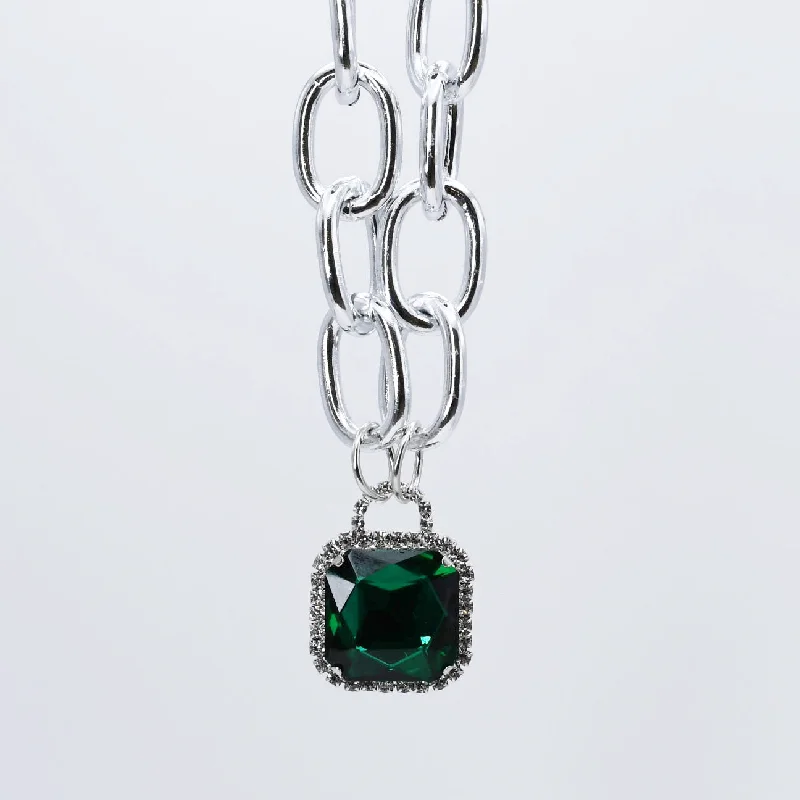 Worn medallion necklaces-Emerald Glamour Chunk Necklace Silver