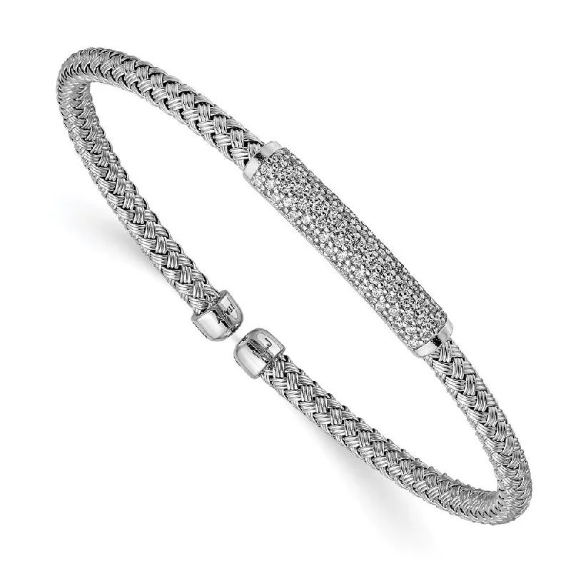 Light wood bangles-925 Sterling Silver Rhodium-plated Cubic Zirconia Woven Flexible Cuff Bracelet