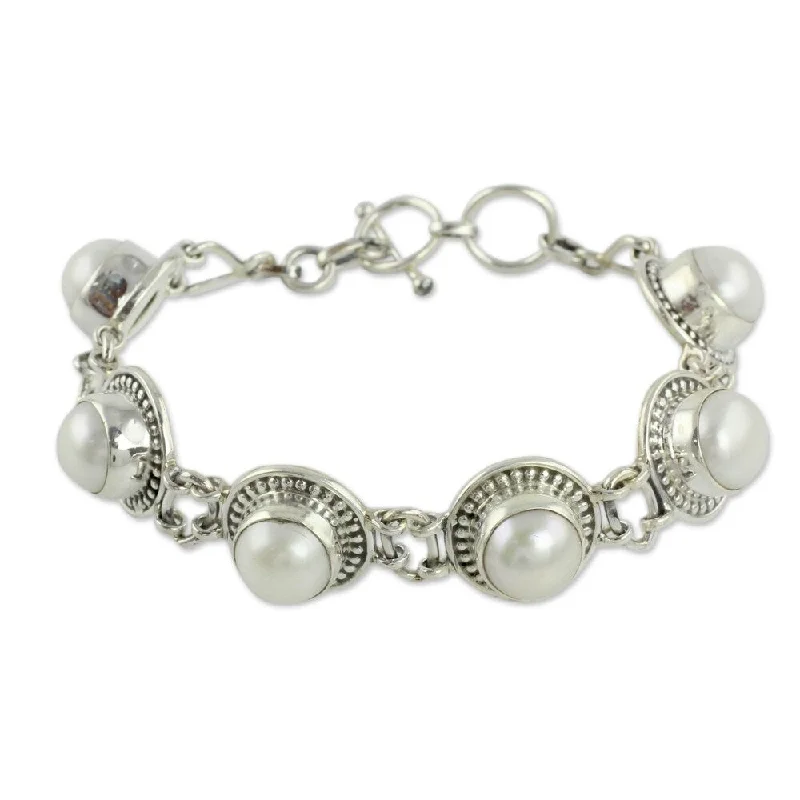 Thread wrap bangles-Prosperity Perfect Bridal Flexible Round White Freshwater Pearls with Ornate Bezel 925 Sterling Silver Womens Bracelet (India)