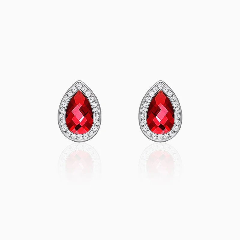 Coiled cord earrings-Silver Ruby Red Tear Drop Earrings