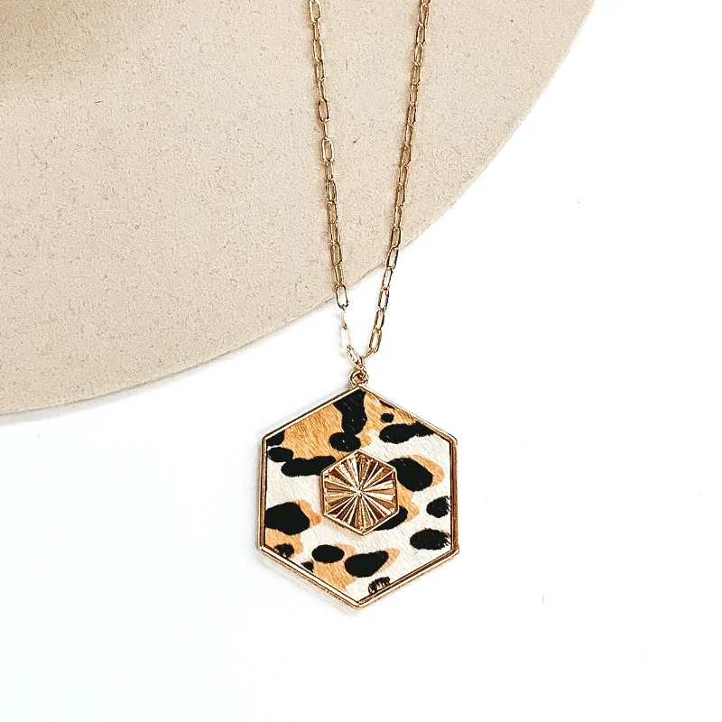 Leaf design earrings-Long Gold Chain Necklace with a Hexagon Pendant in Ivory Leopard Print