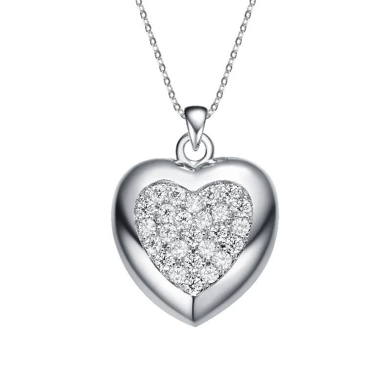 Petite charm necklaces-Sterling Silver White Gold Plating with Clear Heart Shaped Bezel Set Cubic Zirconia Pendant Necklace