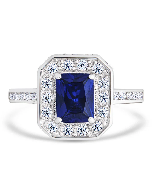 Sleek art rings-Sterling Silver Emerald Cut Sapphire CZ Cocktail Ring