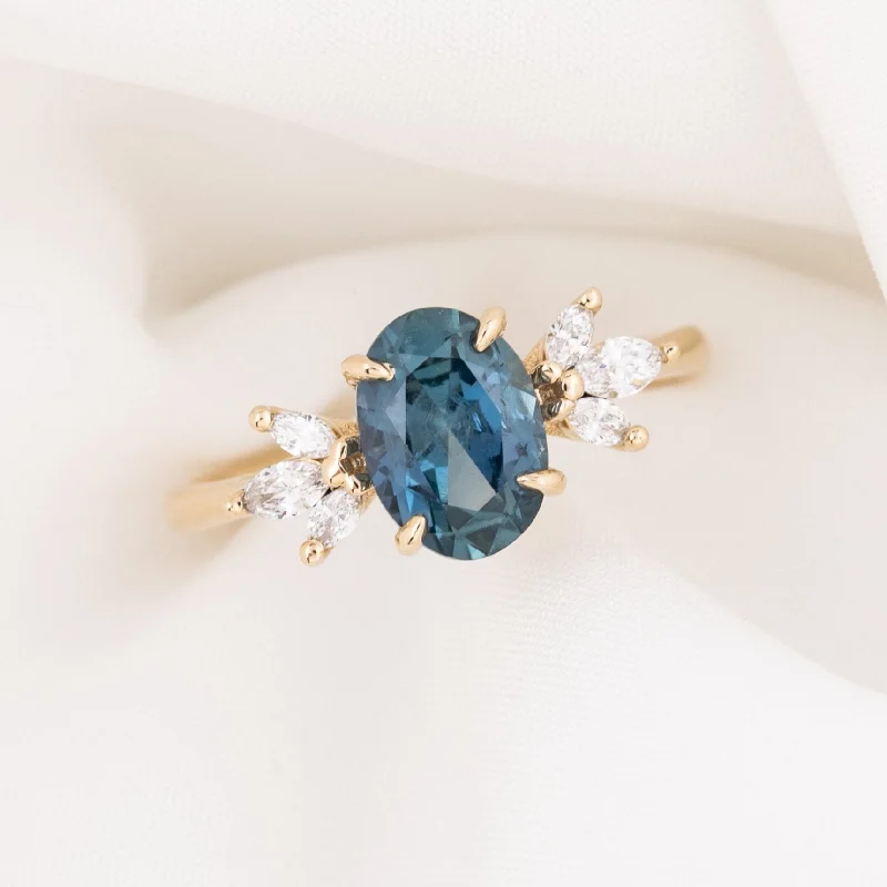 Petal carved engagement rings-Nova Ring, GIA certified unheated 2.02ct Blue Montana Sapphire, 14k Yellow Gold (One of a kind)