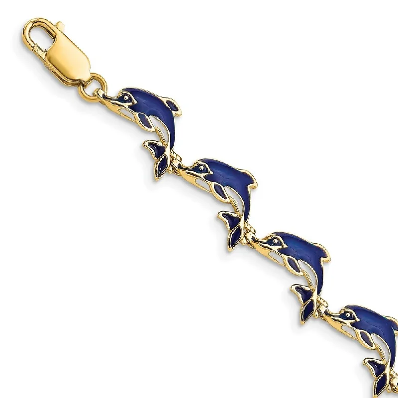 Secure clasp bangles-14k Yellow Gold 5.8mm Enameled Dolphin Bracelet, 7.25"