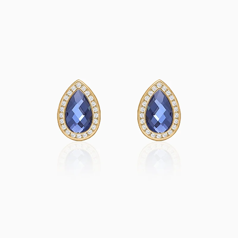 Petal hoop earrings-Golden Sapphire Blue Tear Drop Earrings