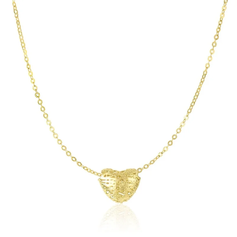 Flexible thread necklaces-14k Yellow Gold Puffed Heart Design with Mesh Texture Necklace