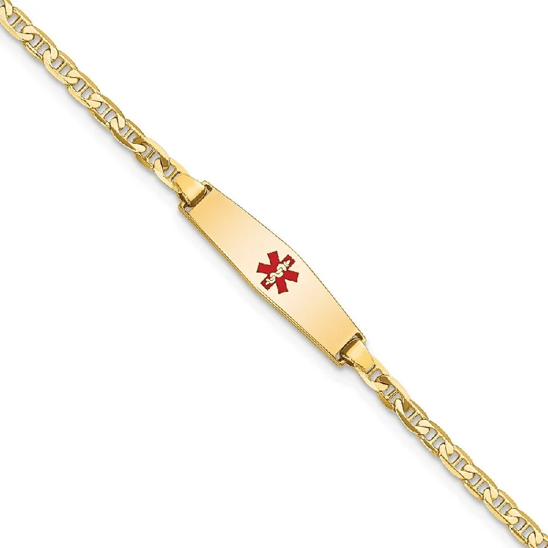 Smooth form bangles-14k Yellow Gold 5.5mm Medical Soft Diamond Shape Red Enamel Flat Anchor Link ID Bracelet, 6"