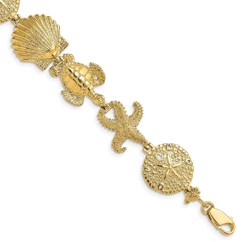 Gem strand bangles-14k Yellow Gold 16.85mm Polished Sand Dollar, Starfish, Turtle Link Bracelet, 7"