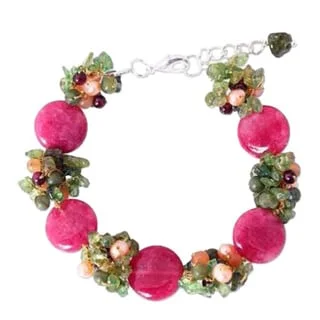 Gem strand bangles-Handmade Multi-gemstone Pearl 'Peony Romance' Bracelet (4 mm) (Thailand)