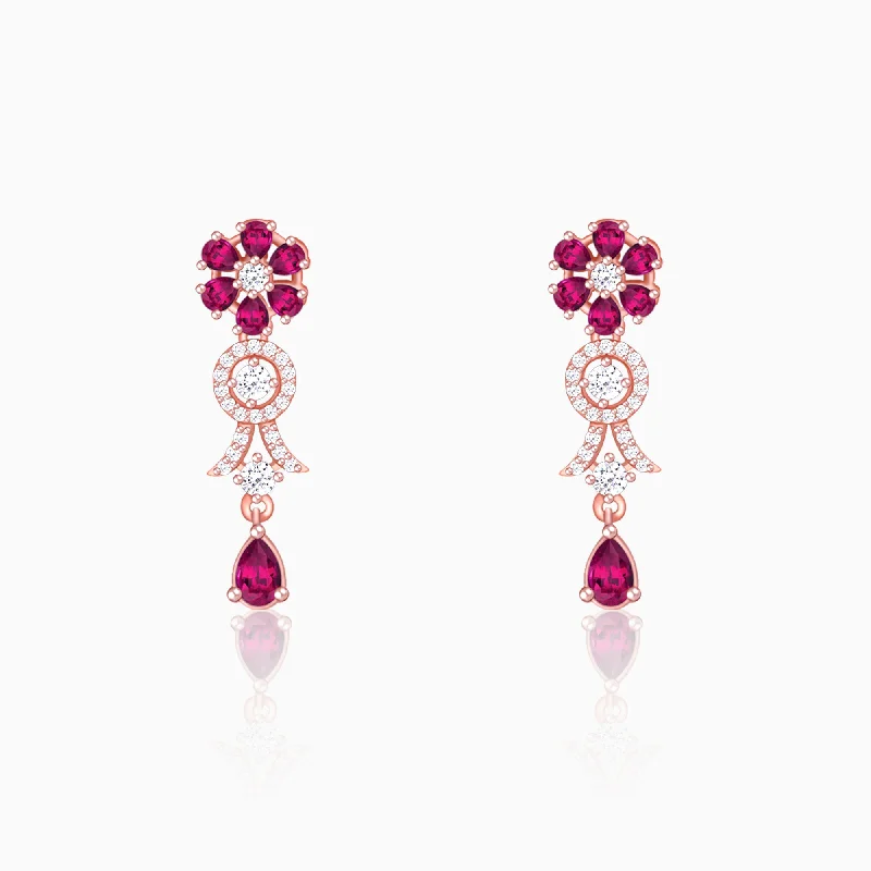 Surf motif earrings-Rose Gold Zircon Pink Flower Drop Danglers