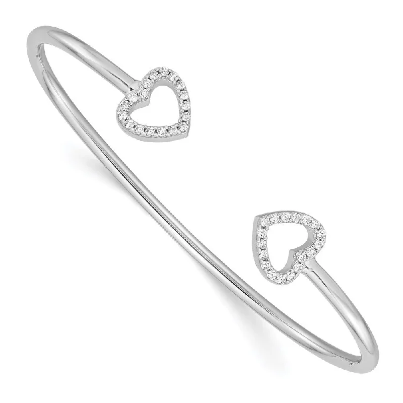 Retro deco bangles-925 Sterling Silver Rhodium-plated Cubic Zirconia Heart Cuff Bangle Bracelet