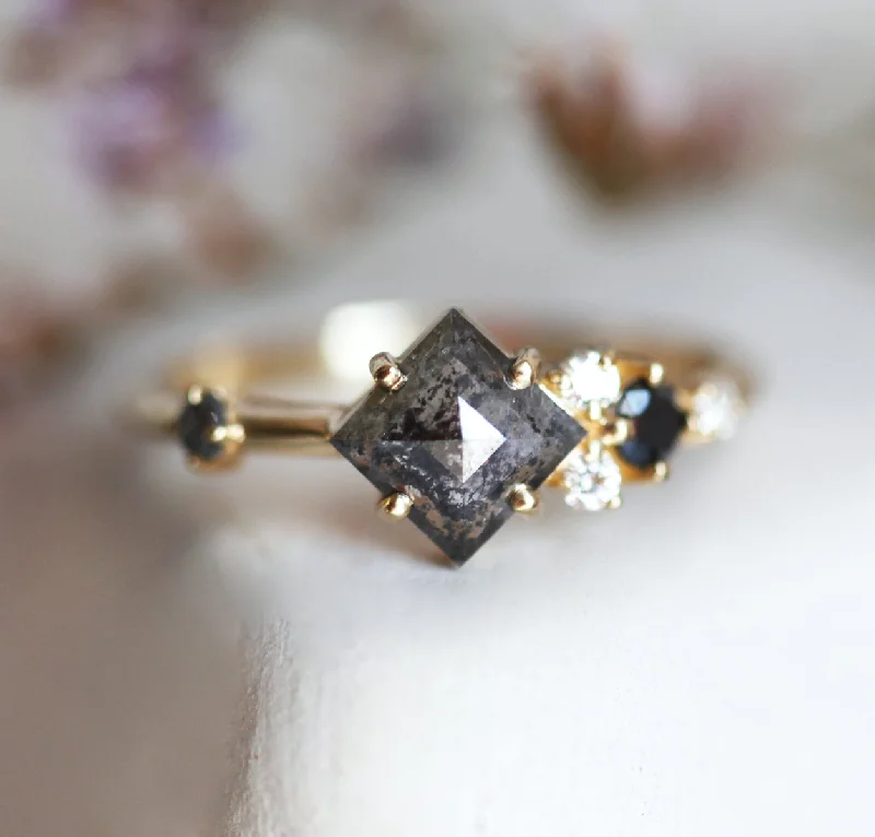 Pear shaped engagement rings-Ramona Square Salt & Pepper Diamond Cluster Ring