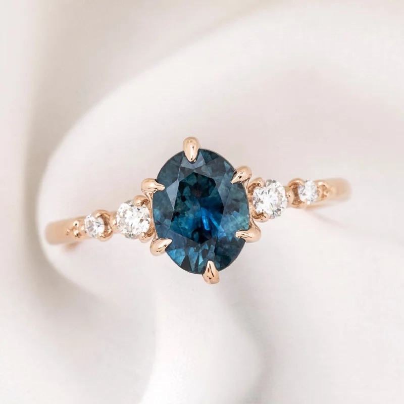 Subtle accent engagement rings-Estel Fleur Six Prongs Ring, 1.66ct Deep Teal Blue Montana Sapphire, 14k Rose Gold (One of a kind)