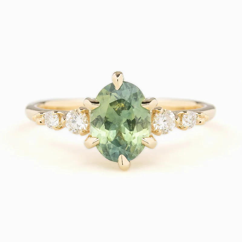 Topaz stone engagement rings-Estel Fleur Six Prongs Ring Green Oval Montana Sapphire, 14K Yellow Gold (One of a kind)