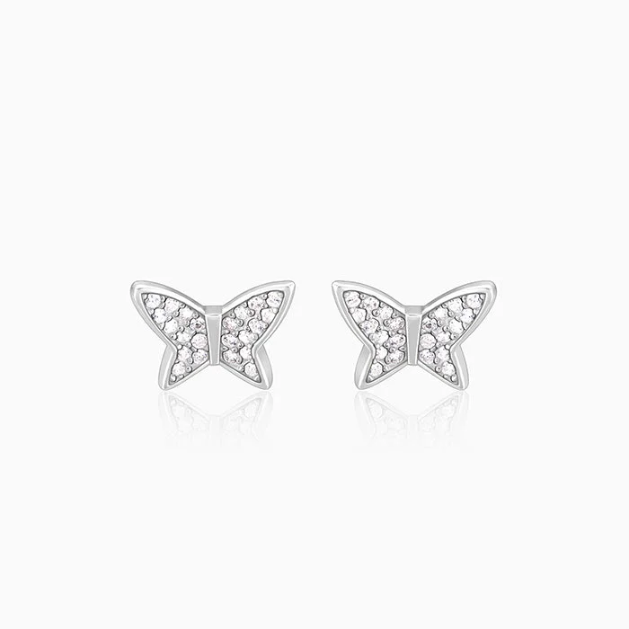 Tiny wing earrings-Silver Zircon Shining Butterfly Studs