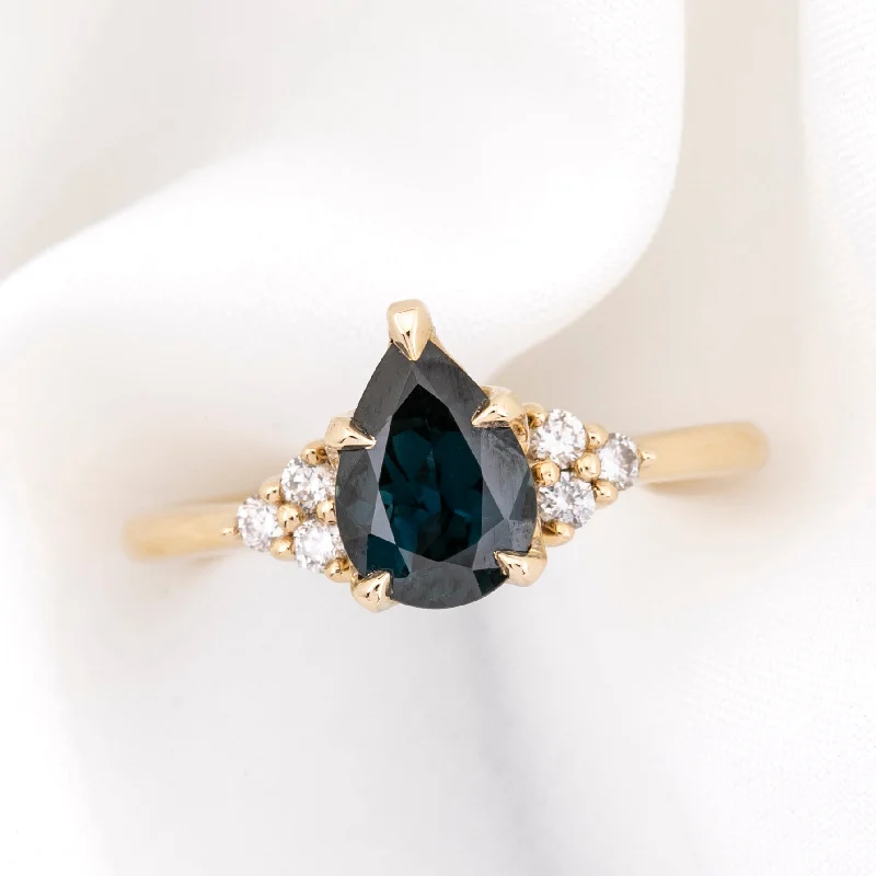 Chunky stone engagement rings-Teresa Ring 1.37ct Deep Teal Blue Queensland Sapphire, 14k Yellow Gold (One of a kind)