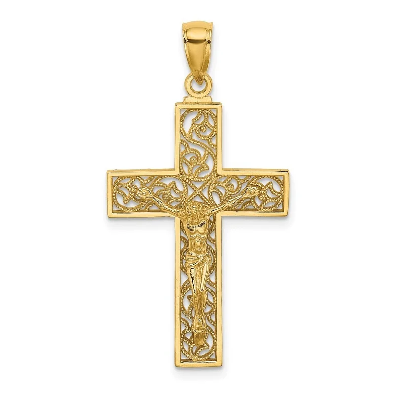 Leaf motif necklaces-Curata 14k Yellow Gold Filigree Crucifix Religious Cross Necklace 21mm x 36.9mm