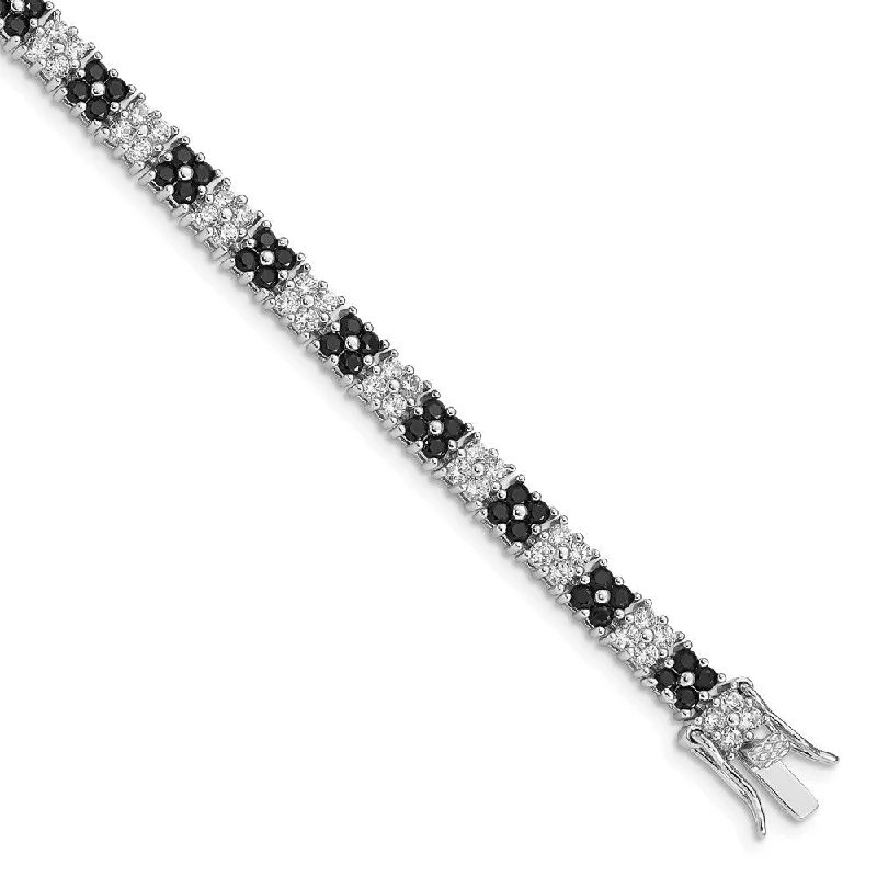 Multi-bead bangles-925 Sterling Silver Rhodium-plated Black/White Cubic Zirconia Tennis Bracelet, 7"