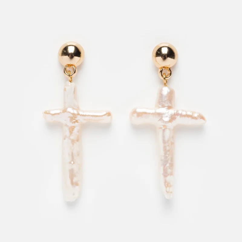 Solid ring earrings-Organic Freshwater Pearl Cross Earrings