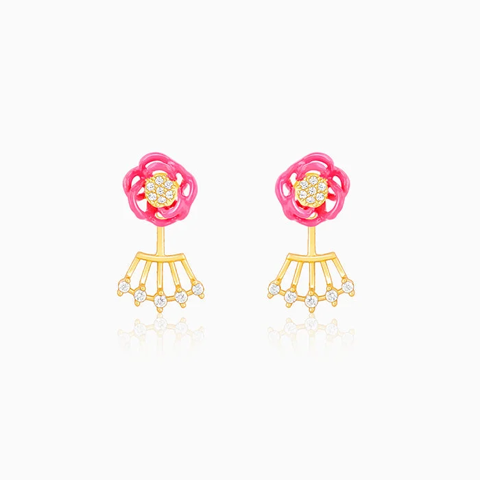 Tiny heart earrings-Golden Pink Brahma Kamal Convertible Earrings