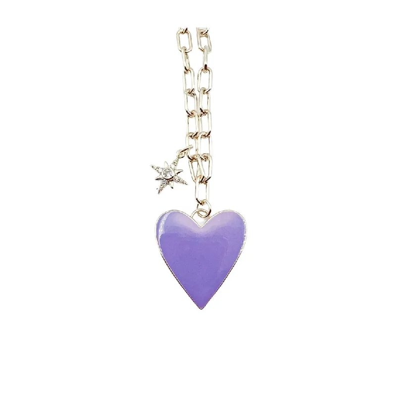 Playful bead necklaces-Enamel Heart/Star Necklace Purple J10