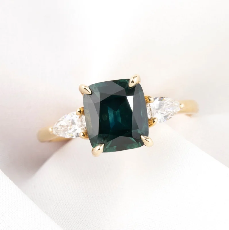 Dual-tone engagement rings-Olivia Grand Ring 2.97ct Deep Blue Green Montana Sapphire, 14k Yellow Gold (One of a kind)