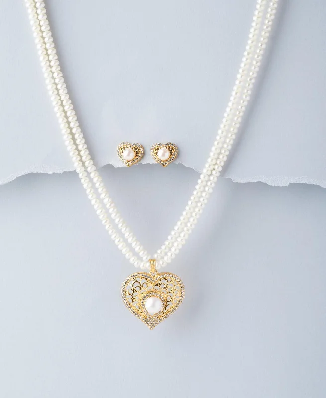 Haze glass necklaces-Heart Real Pearl Necklace Set