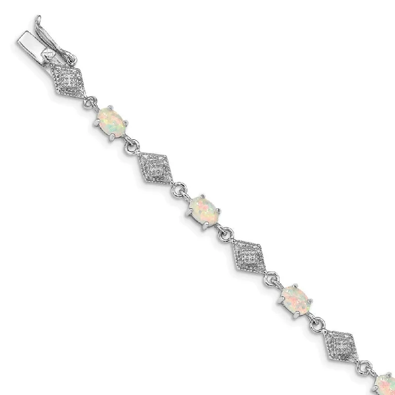 Flex cord bangles-925 Sterling Silver Rhodium-plated White Created Opal and Cubic Zirconia Bracelet, 7"