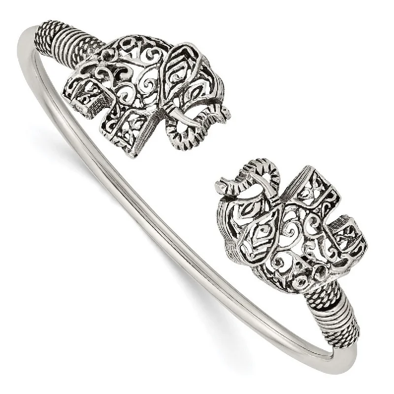 Secure clasp bangles-Curata 925 Sterling Silver Antiqued Filigree Elephants Adjustable Cuff Bangle Bracelet