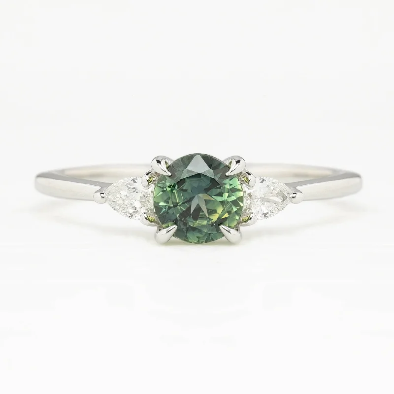 Sleek modern engagement rings-Olivia Ring 0.66ct Blue Green Queensland Round Sapphire Ring, 14k White Gold (One of a kind)