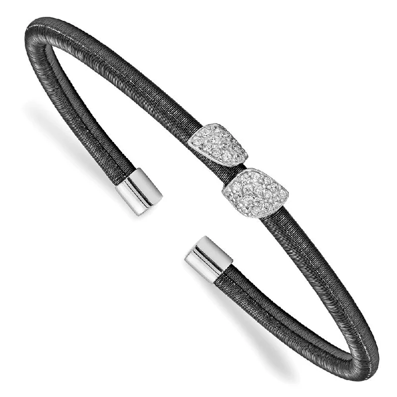 Glossy link bangles-925 Sterling Silver Rhodium & Ruthenium Cubic Zirconia Leaf Cuff Bangle Bracelet