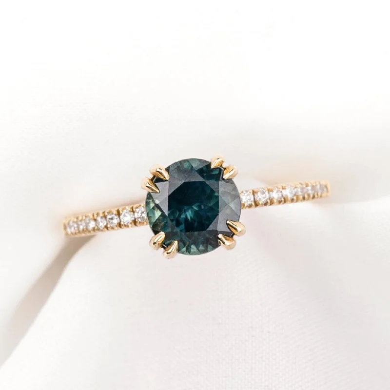 Rough band engagement rings-Sabrina Ring 1.89ct Round Teal Blue Montana Sapphire, 14k Yellow Gold (One of a kind)