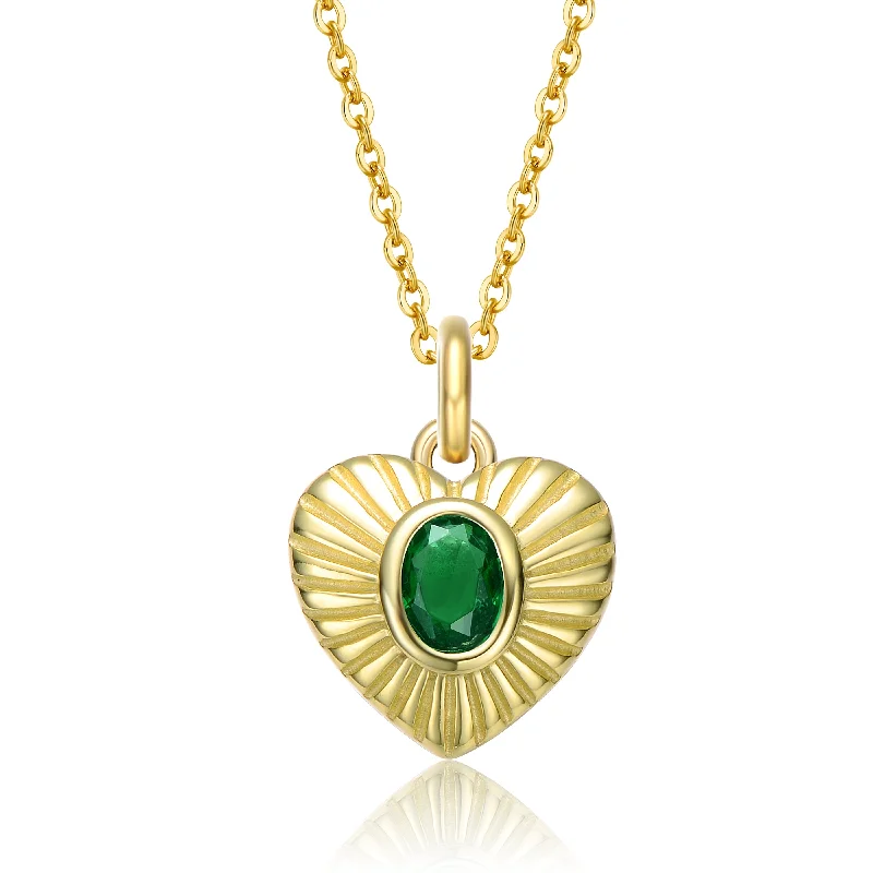 Petite charm necklaces-Sterling Silver 14k Yellow Gold Plated with Emerald Cubic Zirconia Sunray Heart Stud Pendant Necklace