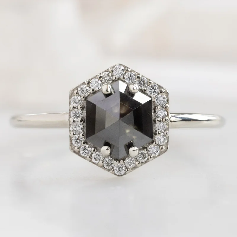 Satin silver engagement rings-The Dahlia Ring | 1.38ct Hexagon Black Diamond in 14K White Gold