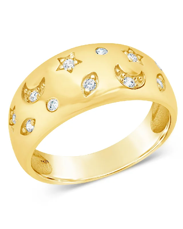 Wide band rings-CZ Star and Crescent Bezel Dome Band Ring