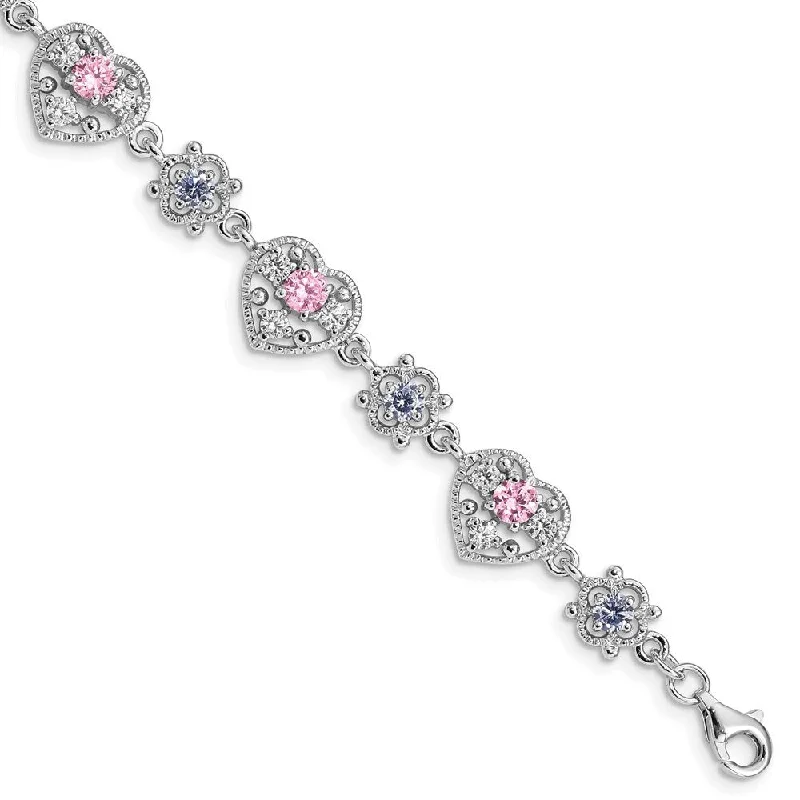 Lily motif bangles-925 Sterling Silver Rhodium-plated Pink and Clear Cubic Zirconia Heart Bracelet, 7"