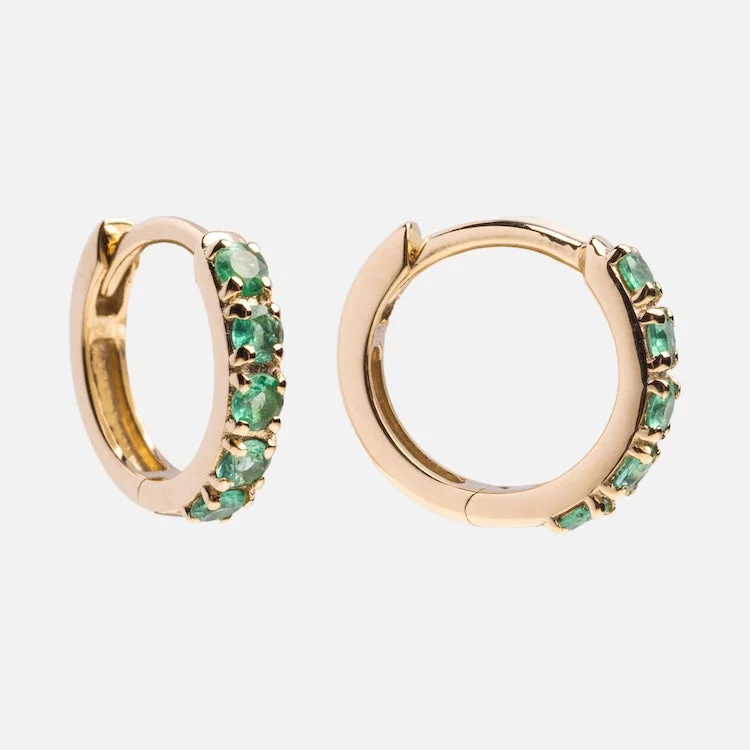 Woven thread earrings-Solid Gold Emerald Huggie Hoops