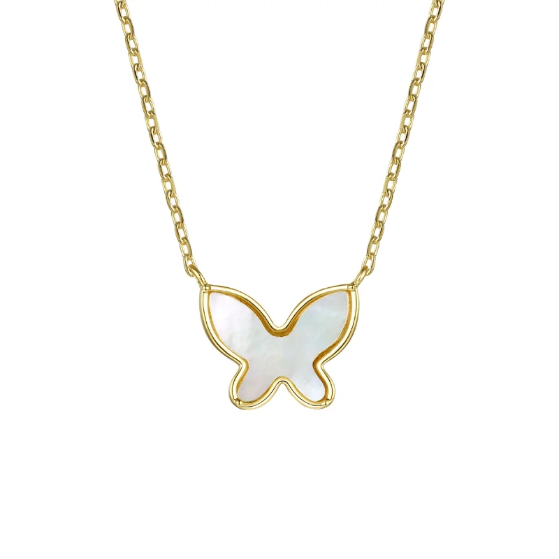 Floating gem necklaces-14k Gold Plated Sterling Silver with Mother of Pearl Butterfly Pendant Layering Necklace