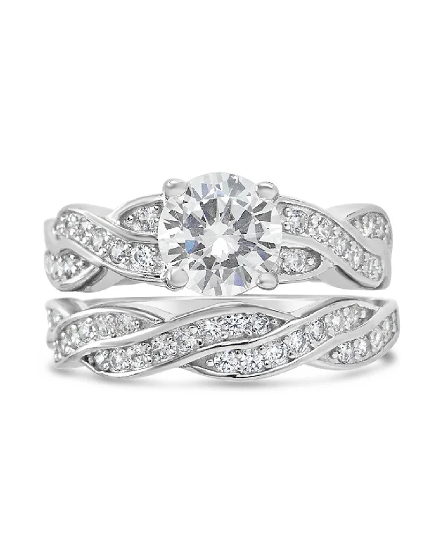 Curved shank rings-Sterling Silver Round CZ Ring with Twist Band