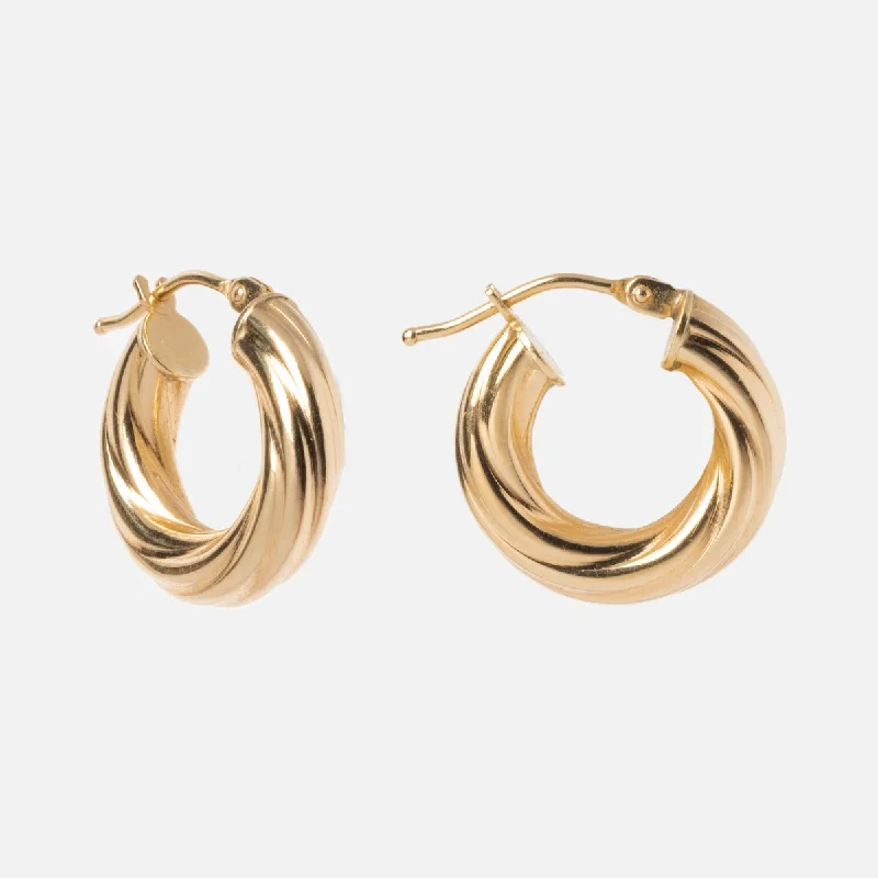 Flat knot earrings-Solid Gold Twisted Hollow Hoops