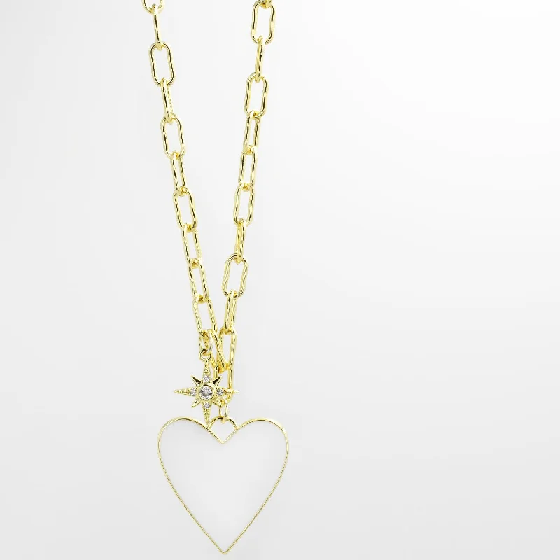 Radiant pearl necklaces-Enamel Heart/Star Necklace White I-59