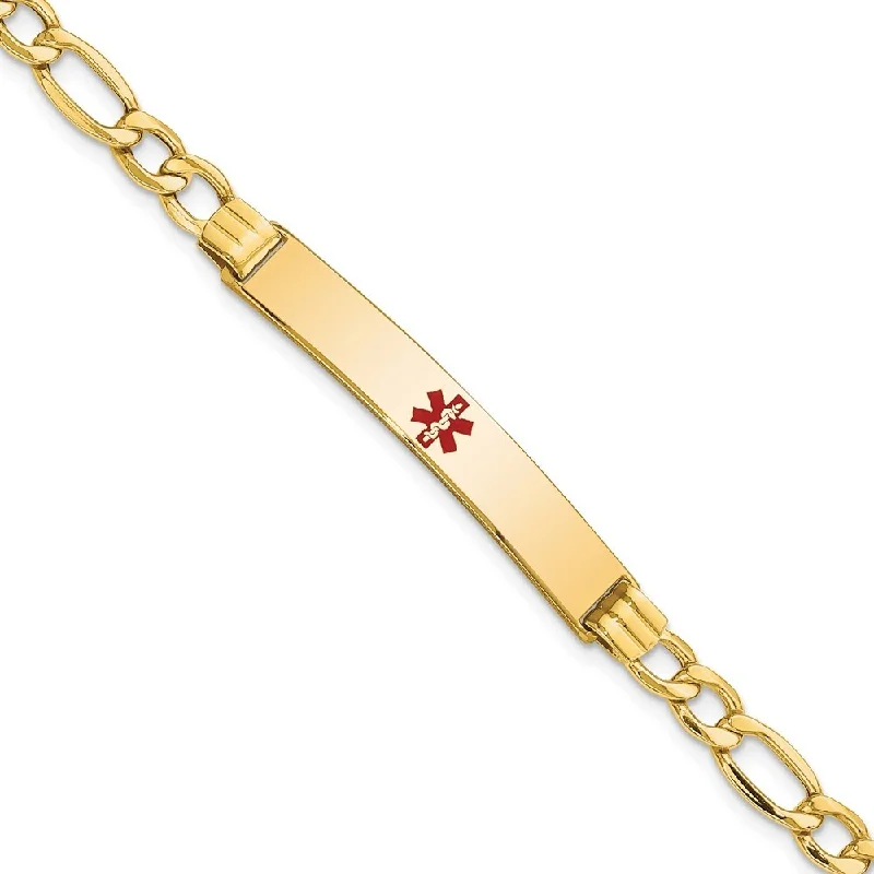 Secure clasp bangles-14k Yellow Gold 6.5mm Semi-Solid Medical Polished Red Enamel Figaro ID Bracelet, 7"