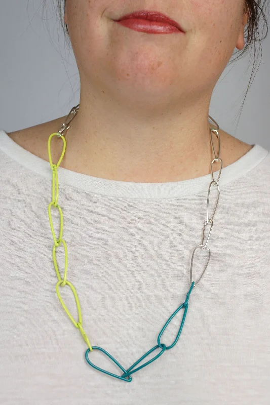 Tribal tassel necklaces-Modular Necklace in Silver, Neon Chartreuse, and Bold Teal