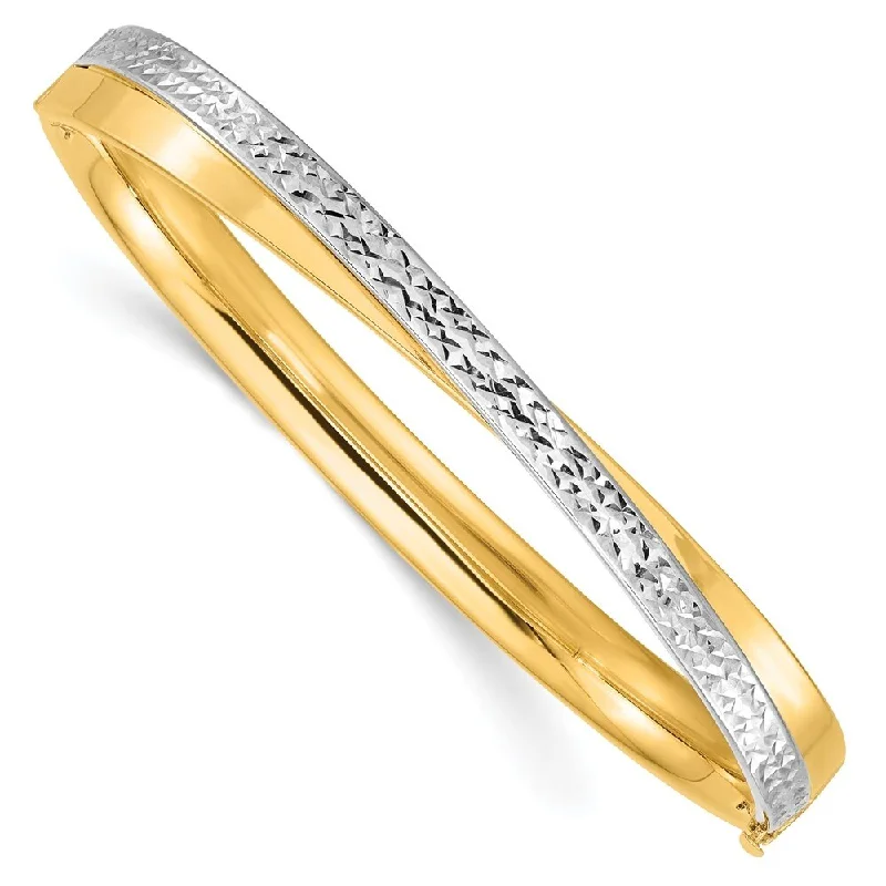 Beaded cluster bangles-14k Yellow 4/16 White Rhodium Diamond-cut Bypass Hinged Bangle Bracelet, 7" (W-7.4mm)