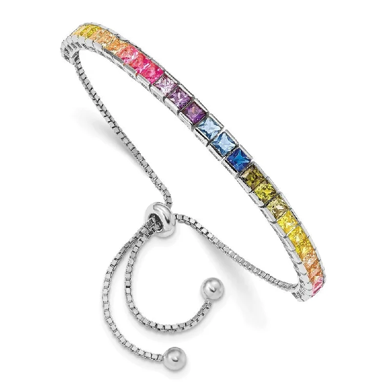 Pure crystal bangles-925 Sterling Silver Rhodium-plated 4mm Channel-Set Colorful Cubic Zirconia Adjustable Bolo Bracelet