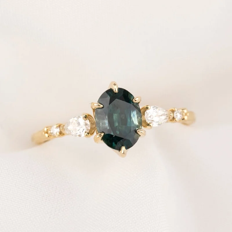 Light filigree engagement rings-Estel Fleur Petal Ring 1.46ct Teal Blue Montana Sapphiree, 14k Yellow Gold (One of a kind)