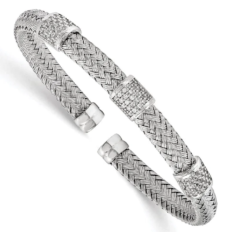 Pink gold bangles-925 Sterling Silver Rhodium-plated Cubic Zirconia Woven Flexible Cuff Bracelet