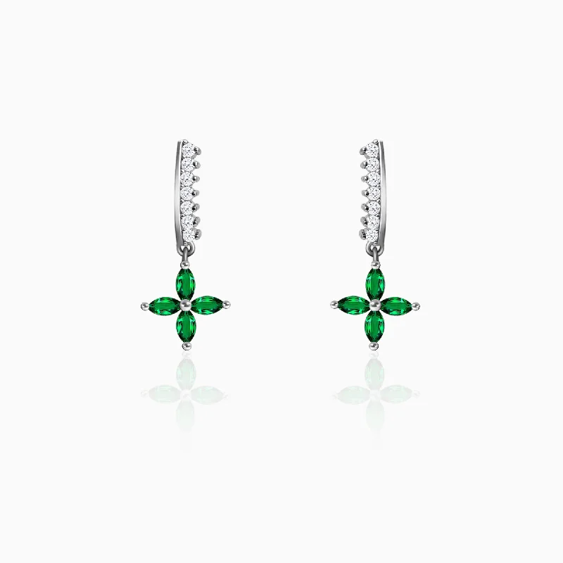 Agate gem earrings-Silver Emerald Green Flower Earrings